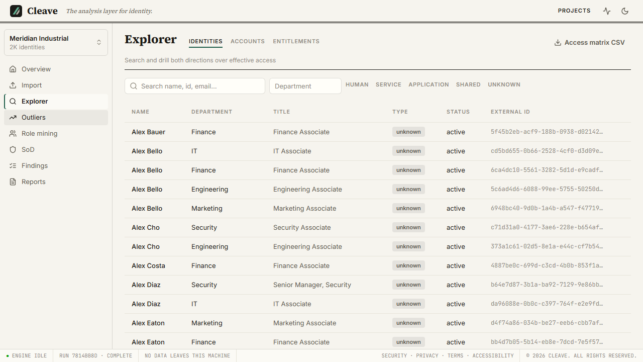Cleave Explorer screen, light theme
