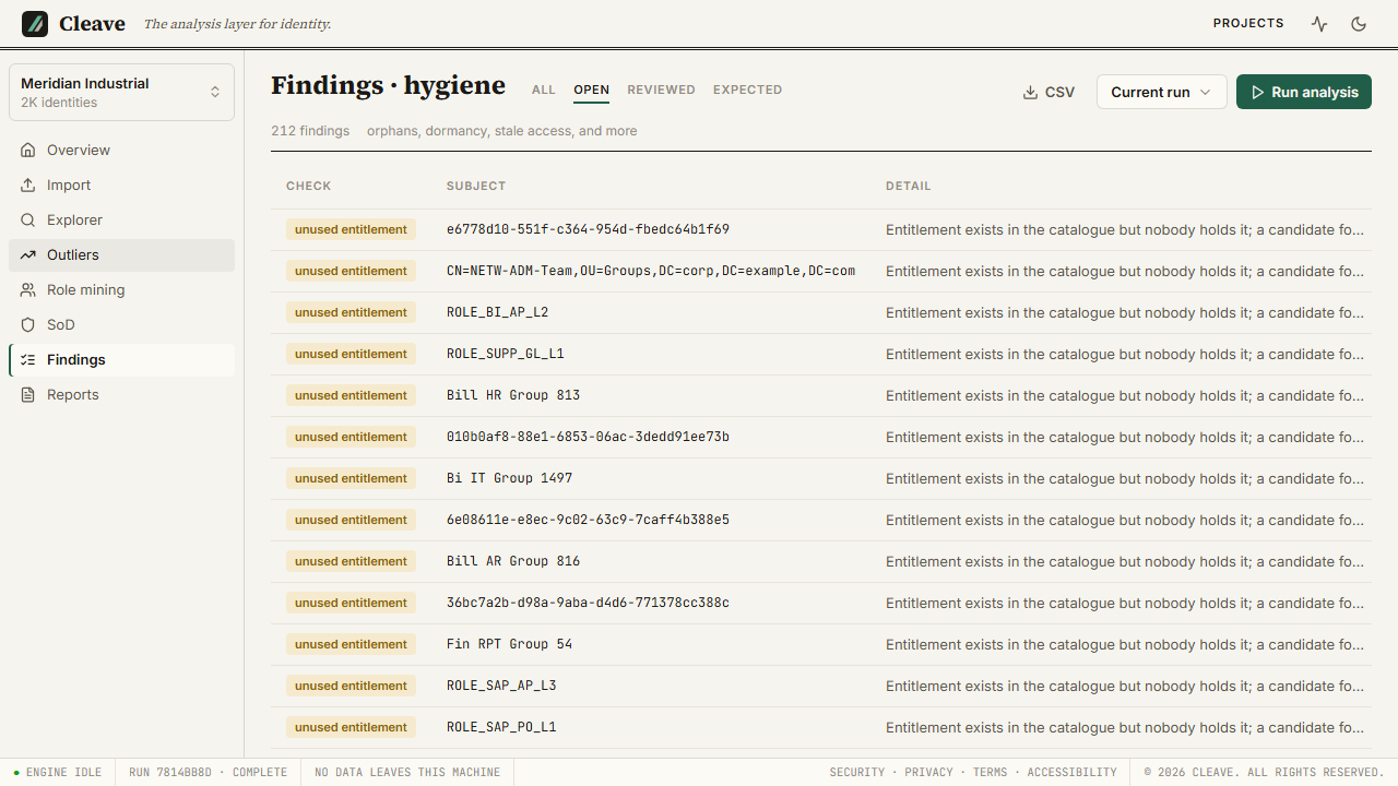 Cleave Findings screen, light theme